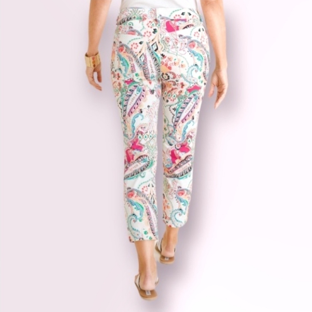 CHICO'S Slim Leg Crop Colorful Paisley Floral Print Flat Front Pants Size 12 - Picture 2 of 16